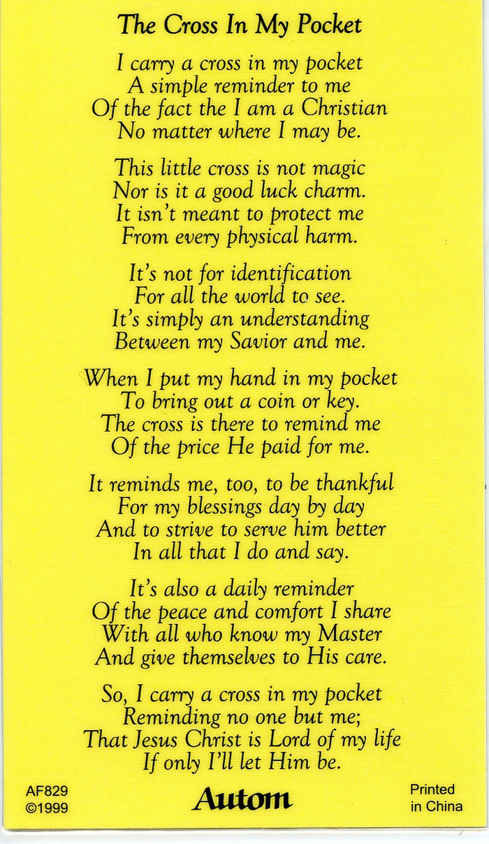 CROSS IN MY POCKET - LAMINATED HOLY CARDS- QUANTITY 25 PRAYER CARDS
