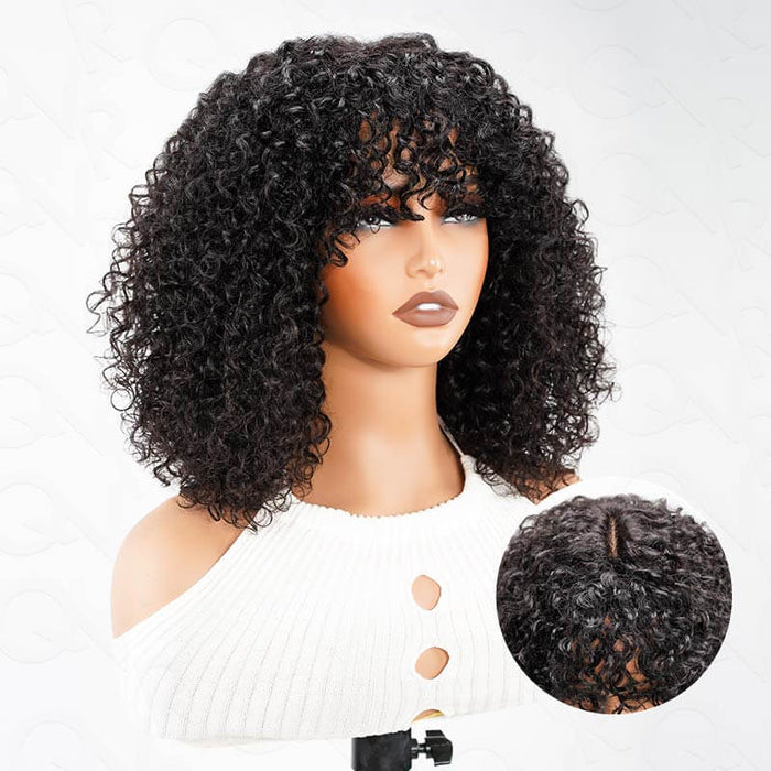 QVR Water Wave Short Pixie Cut Human Hair Wig with Bangs