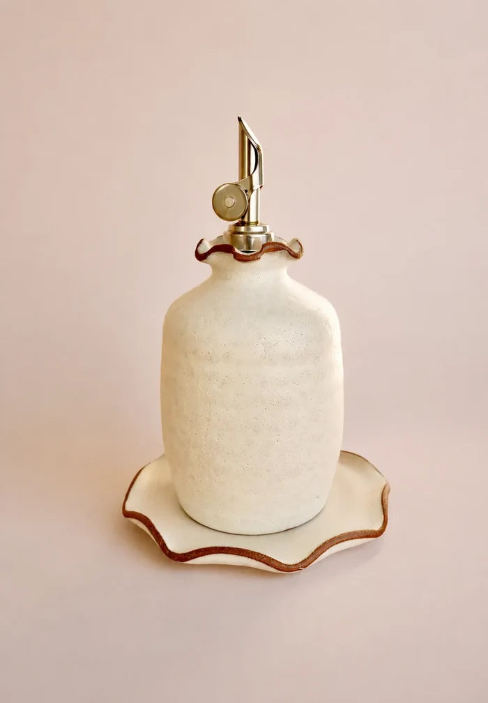 Earth and Element Handmade Ceramic Olive Oil Cruet with Gravity Pourer & Ruffle Tray