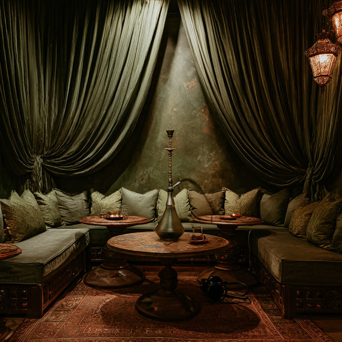 Cozy lounge with draped curtains, wooden tables, and plush seating.