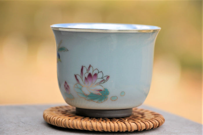 "Lotus Pond Scene" Pure 999 Silver and Porcelain Cup | Yunnan Sourcing Tea Shop