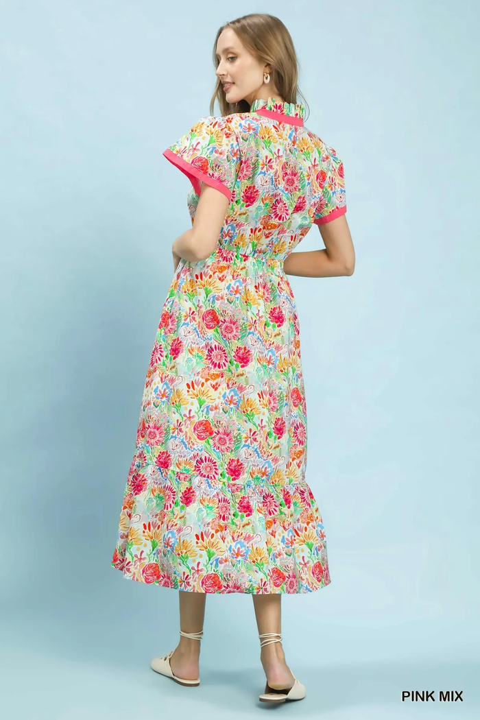 Pink Mix Abstract Print Contrast Trim Midi Dress