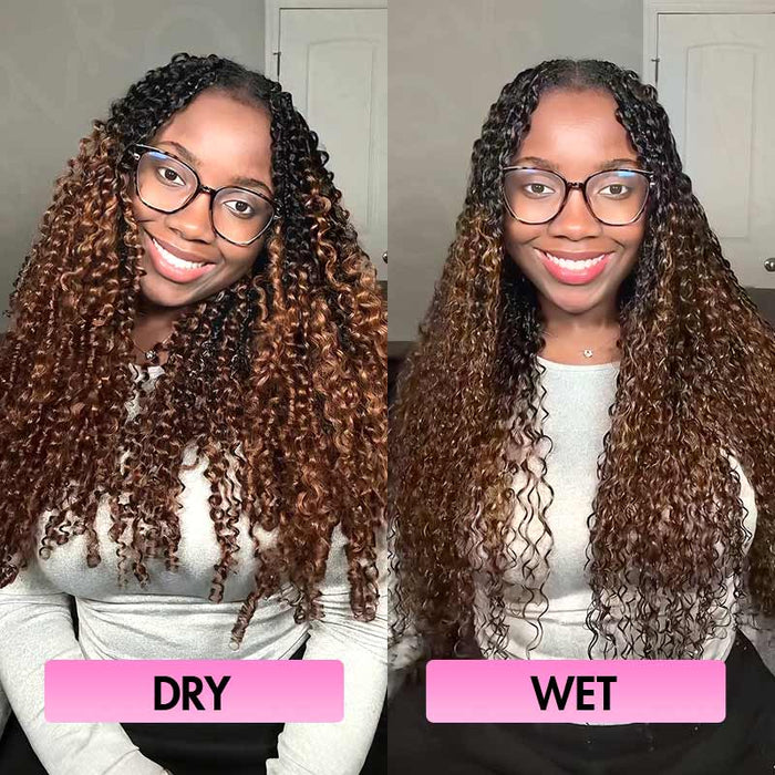 Before and after comparison of hair texture, showing dry and wet curls on a person with glasses.