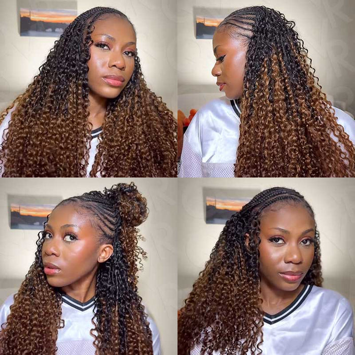 Woman showcasing QVR #T1B/30 water wave crochet hair extensions in different styles.