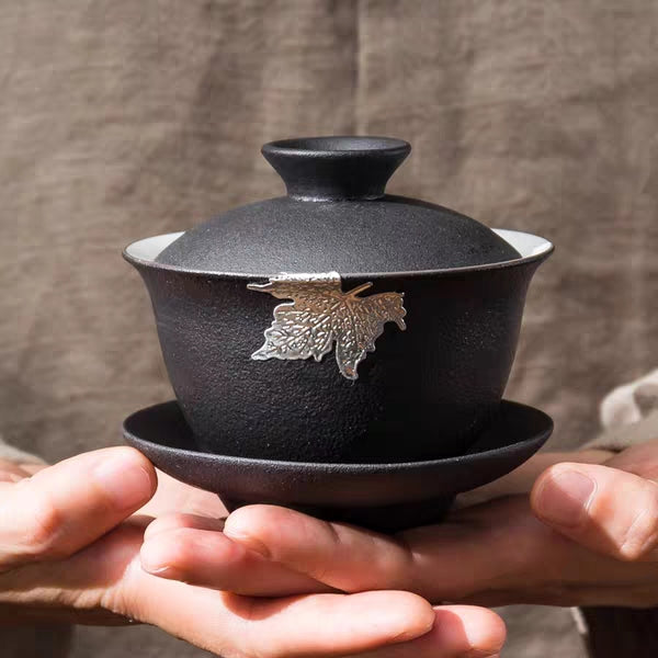 Silver Leaf on Black Ceramic Gaiwan * 200ml | Yunnan Sourcing Tea Shop