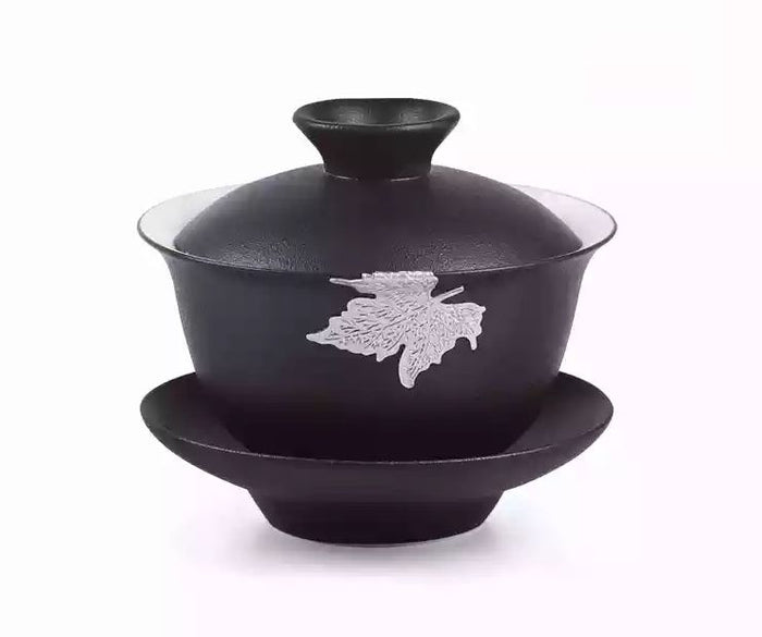 Silver Leaf on Black Ceramic Gaiwan * 200ml | Yunnan Sourcing Tea Shop