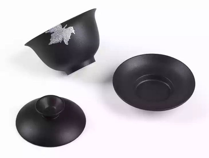 Silver Leaf on Black Ceramic Gaiwan * 200ml | Yunnan Sourcing Tea Shop
