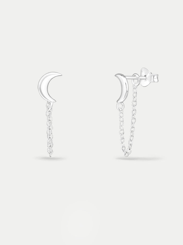 Sterling Silver Moon Drop Chain Stud Earrings | Silver-Image 2