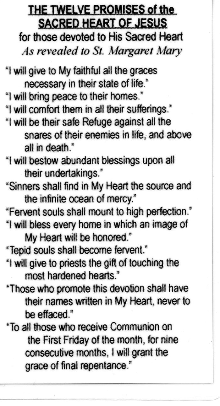 TWELVE PROMISES OF SACRED HEART- LAMINATED HOLY CARDS- QUANTITY 25 PRAYER CARDS