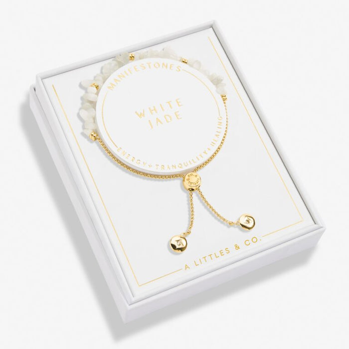 White Jade Manifestones Adjustable Bracelet In Gold-Tone Plating
